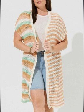 Anthropologie Duster Vest Sweater Crochet Knit Stripe Orange Cream Sz 1/2 NWT